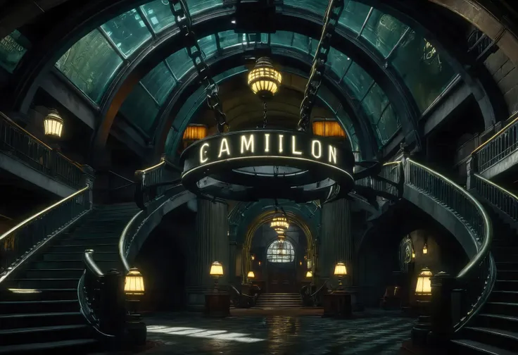 cinematic film still a large room with an arched glass roof and a grand staircase, a sign hanging on chains, Rapture interior, no_humans, scenery, lantern, stairs, railing . shallow depth of field, vignette, highly detailed, high budget, bokeh, cinemascope, moody, epic, gorgeous, film grain, grainy