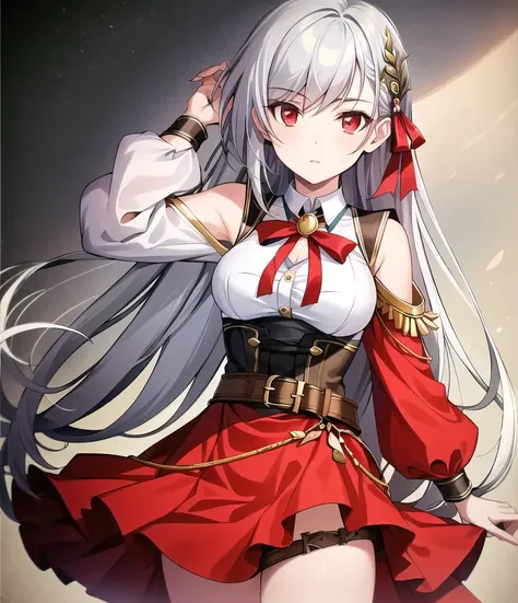 task(9nmn948k0ph1c1k) (masterpiece:1.5), (high quality:1.1), Inglis, Grey Hair, Red Eyes, pale skin, long hair, red hair ribbon,