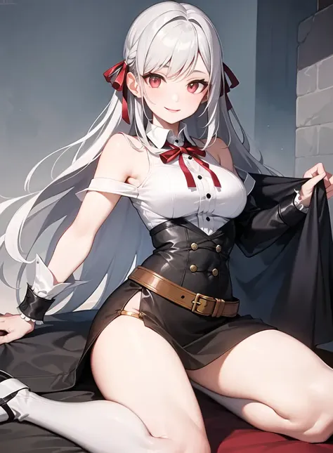 master, chief masterpiece, best quality, detailed face, detailed eyes, Inglis, Grey Hair, Red Eyes, pale skin, long hair, (red hair ribbon), waist up, smile,