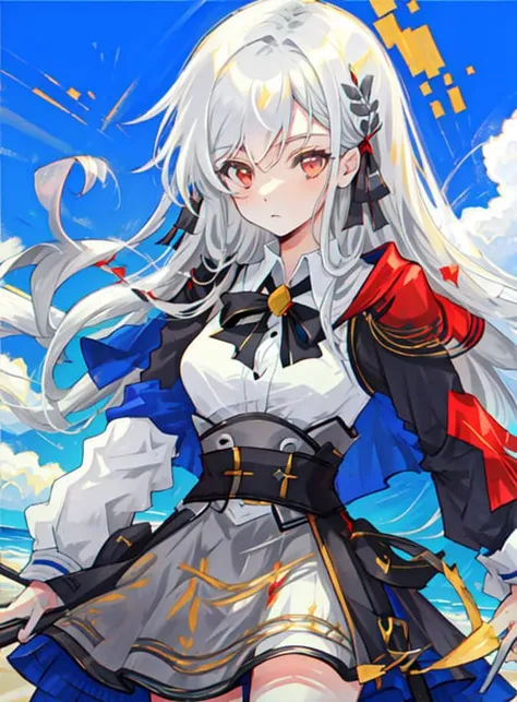 masterpiece, best quality, Inglis, (Grey Hair), Red Eyes, pale skin, long hair, (red hair ribbon), waist up,