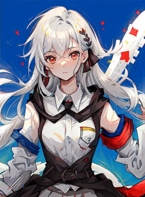 masterpiece, best quality, Inglis, (Grey Hair), Red Eyes, pale skin, long hair, (red hair ribbon), waist up,