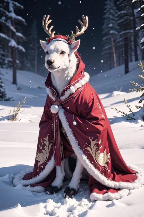 <lora:wrenchmandarincharm:0.7>, wrenchmandarincharm, horns, reindeer, no humans, animal, solo, snow, red reindeer, santa costume,