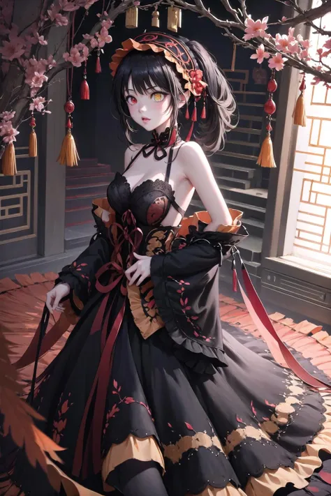 <lora:wrenchmandarincharm:1>, wrenchmandarincharm, 1girl, flower, <lora:CHAR-TokisakiKurumi:1>, KurumiBase, (clock eyes), heterochromia, twintails, hairband, red dress, frills, detached sleeves, frilled choker, hanfu,