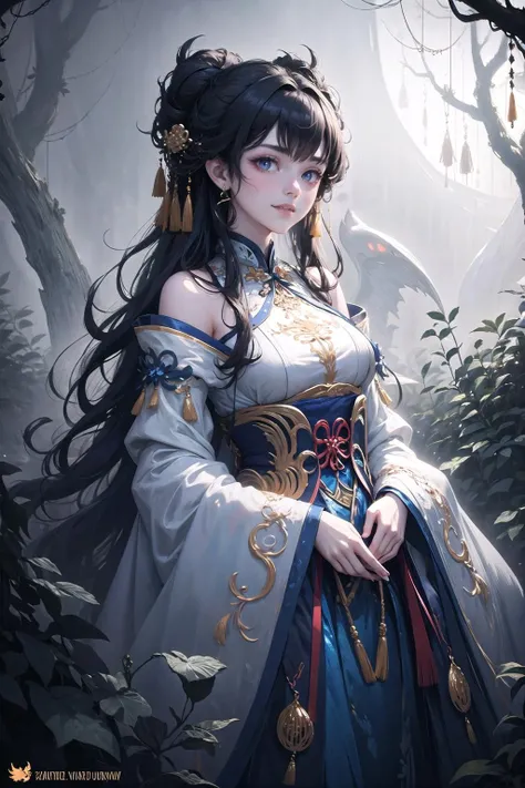 <lora:wrenchmandarincharm:0.9>, wrenchmandarincharm, 1girl, hanfu, Abandoned haunted carnival Beautiful goblin woman portrait wearing blue, elaborate updo hairstyle, auburn hair, adorned, 16K, UHD, HDR, Silent rides, eerie lights, fog, overgrown, spooky vibe, light smile,
