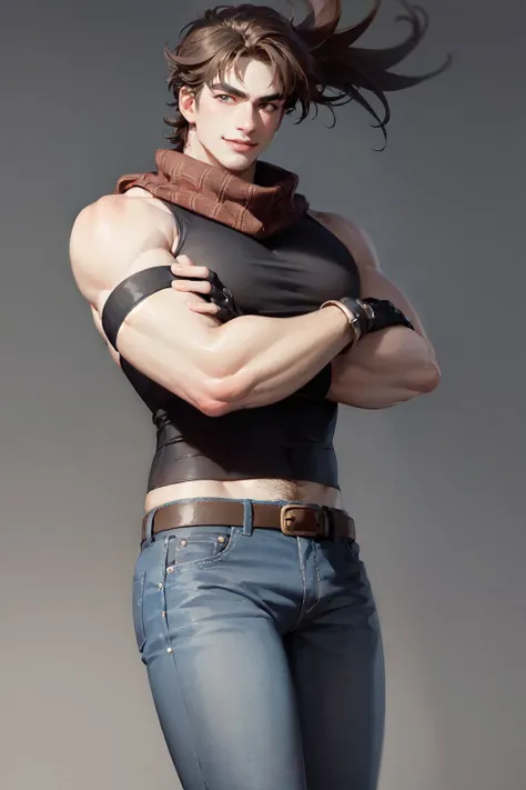 (masterpiece, best quality:1.2), <lora:jojo_joseph_joestar-10:1>, cowboy shot, solo, male focus, 1boy, joseph joestar, muscular male, smile, closed mouth, looking at viewer, crossed arms, brown hair, tank top, jeans, gloves, striped scarf, midriff