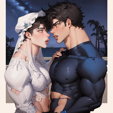masterpiece, best quality, joseph joestar, muscular male, brown hair, Beautiful Art Style, Lace Underwear, complementary, night sky, making eye contact, <lora:jojo_joseph_joestar-10:1> <lora:Stallion-10:1.2>