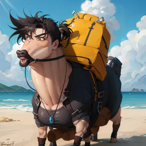 masterpiece, best quality, joseph joestar, muscular male, brown hair, Beautiful Art Style, Opera-length necklaces, jealous, beach, peeping, <lora:jojo_joseph_joestar-10:1> <lora:Stallion-10:1.2>