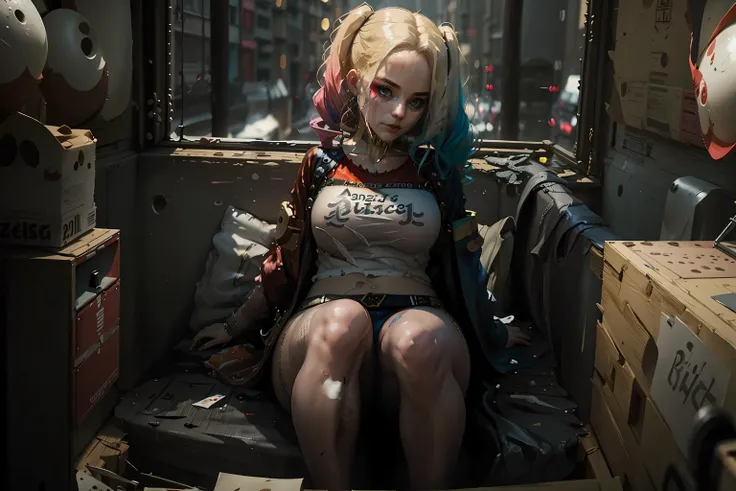 lying pose view from above, open legs,(Best Quality,8k,hyper-realistic,cinematographic:1.2),Full body shot,(Robbie Margot:1.1) like harley quinn, perfect smile, Perfect eyes, alternative clothing, Cyberpunk Night Wallpaper Settings, Realistic face and eyes.