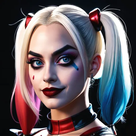 impactful paint of portrait of Harley Quinn,<lora:Disturbia:1.5>,<lora:add_detail:1>, <lora:GoodHands-vanilla:1>, <lora:harley:1>,marg0th4rl3y,  highly detailed, 8k, sharp, professional, clear, high contrast, high saturated, , vivid deep blacks, crystal clear