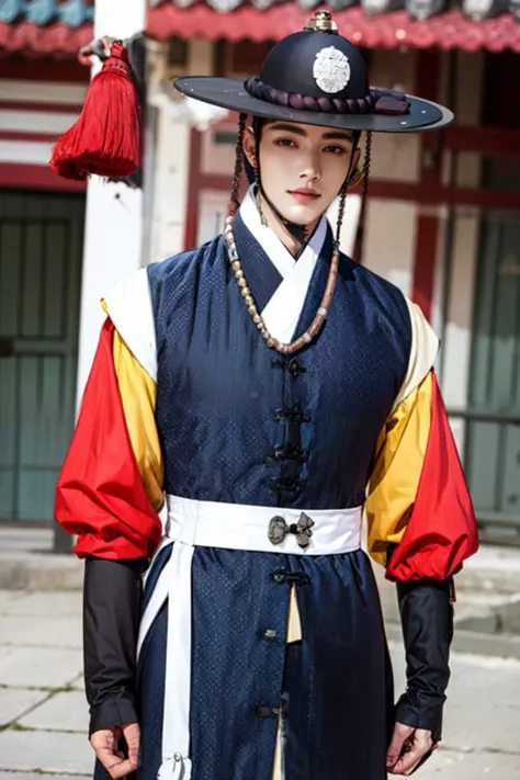 1male, hat, hanbok, korean clothes, upper body, outdoors, <lora:hanbok_musa_v7-000004:0.9>