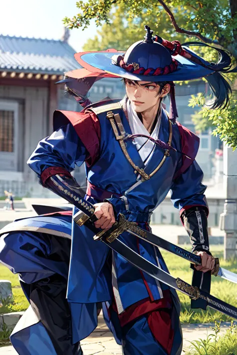 1male, hat, hanbok, korean clothes, outdoors, fighting stance, holding weapon, sword, <lora:hanbok_musa_v7-000004:0.9>