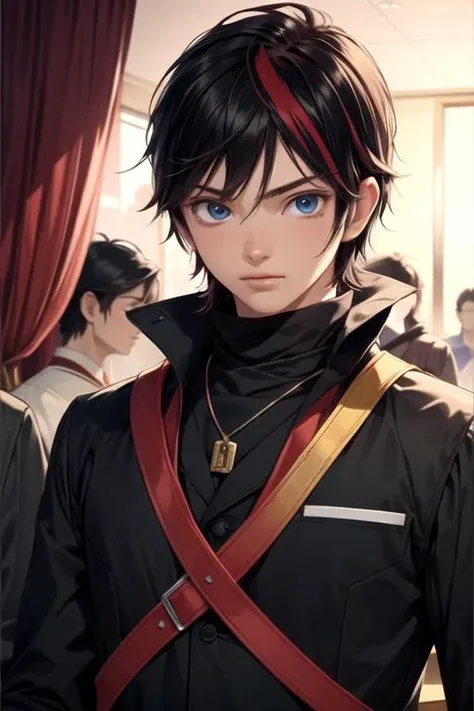 masterpiece, best quality, wallpaper, 1boy, solo, male focus, looking at viewer, upper body, , , realistic, <lora:kazuki_kohori:0.66>, kazuki_kohori, black hair, blue eyes, red hair, streaked hair, , dieselpunk,