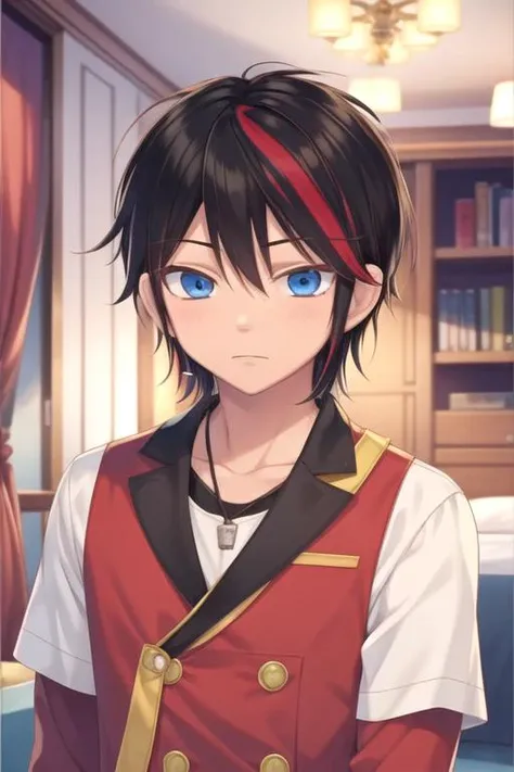 masterpiece, best quality, game cg, 1boy, solo, male focus, looking at viewer, upper body, , , , <lora:kazuki_kohori:0.70>, kazuki_kohori, black hair, blue eyes, red hair, streaked hair, decade costume, bedroom,