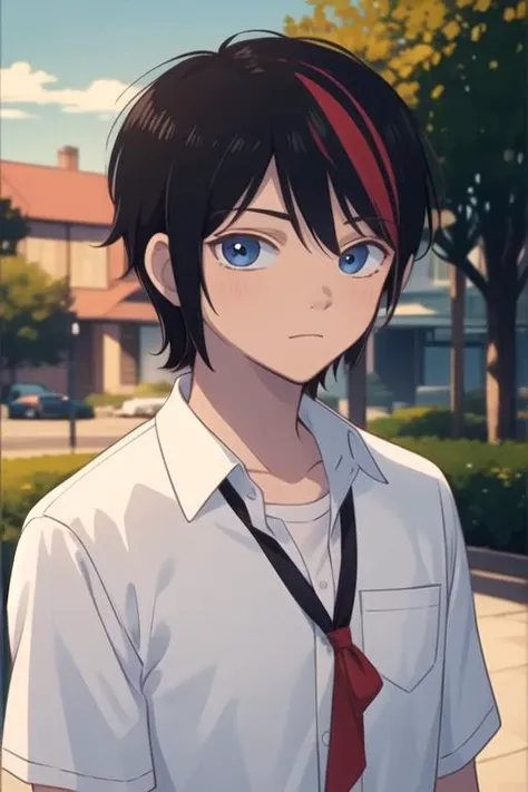 masterpiece, best quality, movie still, 1boy, solo, male focus, looking at viewer, upper body, depth of field, , , <lora:kazuki_kohori:0.72>, kazuki_kohori, black hair, blue eyes, red hair, streaked hair, , The Valley of the Damned, 2k resolution