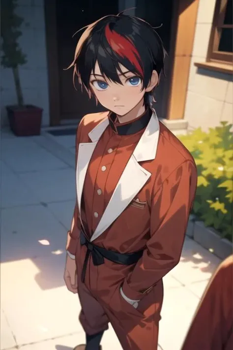 masterpiece, best quality, movie still, 1boy, solo, male focus, looking at viewer, , depth of field, , realistic, <lora:kazuki_kohori:0.70>, kazuki_kohori, black hair, blue eyes, red hair, streaked hair, deer costume, courtyard, 8k resolution