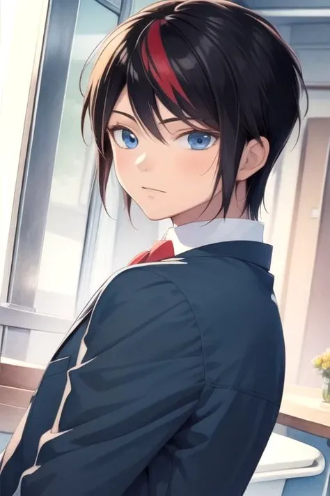 masterpiece, best quality, illustration, 1boy, solo, male focus, looking at viewer, upper body, , (watercolor illustration, soft pastel colors:1.1), realistic, <lora:kazuki_kohori:0.70>, kazuki_kohori, black hair, blue eyes, red hair, streaked hair, , , cubicle, 2k resolution