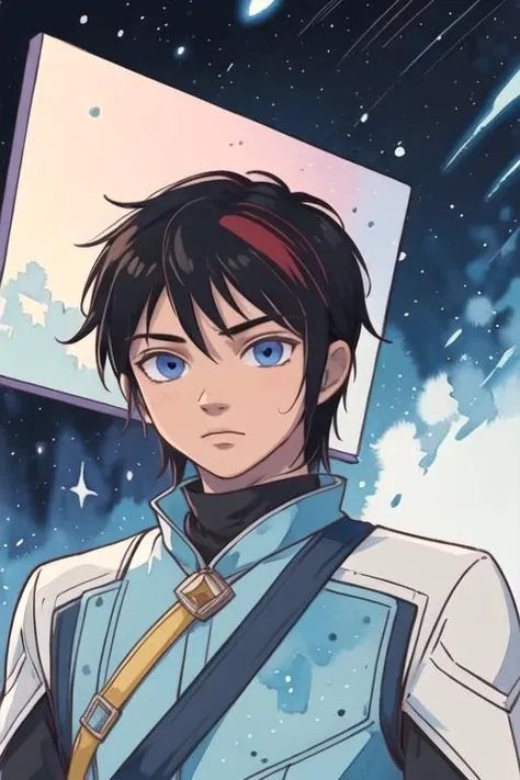 masterpiece, best quality, , 1boy, solo, male focus, looking at viewer, upper body, depth of field, (watercolor illustration, soft pastel colors:1.1), realistic, <lora:kazuki_kohori:0.74>, kazuki_kohori, black hair, blue eyes, , galactic warrior costume, alternate history,