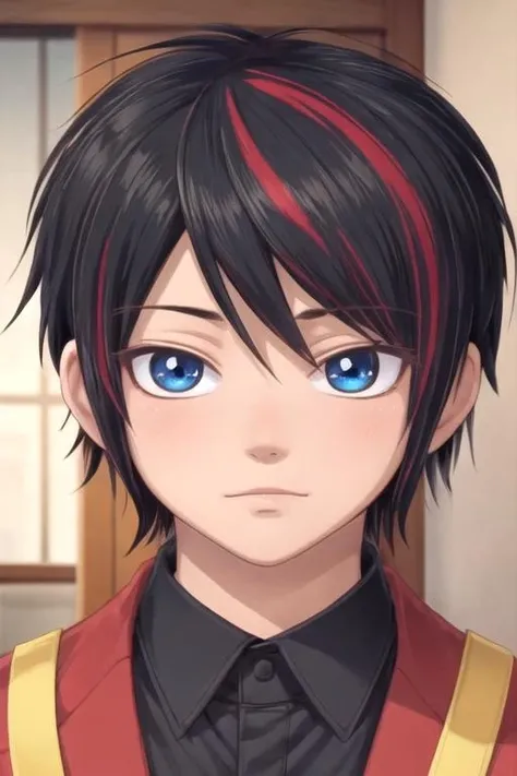 masterpiece, best quality, movie still, 1boy, solo, male focus, looking at viewer, , depth of field, , realistic, <lora:kazuki_kohori:0.66>, kazuki_kohori, black hair, blue eyes, , red hair, streaked hair, , ,