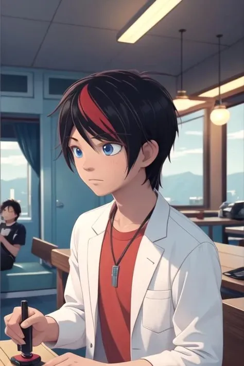 masterpiece, best quality, game cg, 1boy, solo, male focus, looking at viewer, upper body, depth of field, , , <lora:kazuki_kohori:0.70>, kazuki_kohori, black hair, blue eyes, , red hair, streaked hair, shirt, , science fiction hard science fiction, Blu-ray
