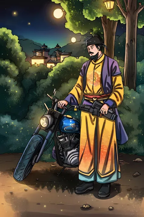 <lora:Funny_History:0.8>,by Chinese Meticulous painting style,History Funny art,a great man,short hair,solo,soldier,hold a gun,ride a motorcycle,forest,night,