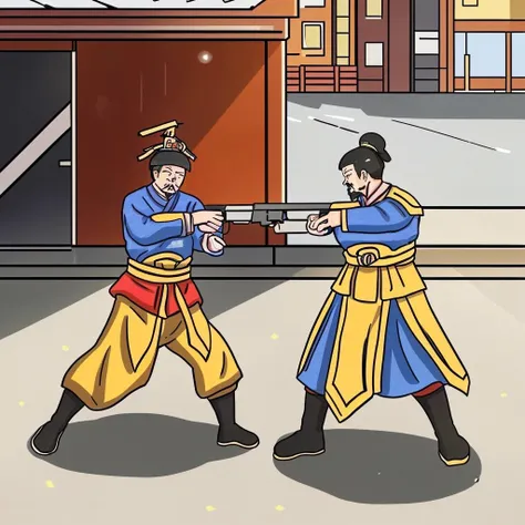 <lora:Funny_History:0.8>,by Chinese Meticulous painting style,History Funny art,street,fight,(weapons:1.3),