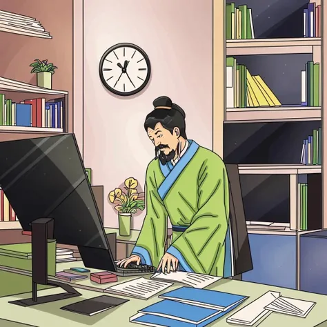 <lora:Funny_History:0.8>,by Chinese Meticulous painting style,History Funny art,1boy,male focus,computer,clock,facial hair,solo,mustache,cup,desk,indoors,black hair,plant,monitor,keyboard (computer),sitting,chair,laptop,bookshelf,beard,book,potted plant,mouse (computer),A man.,Desk,Eat instant noodles,