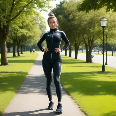 ((Best quality)),((masterpiece)),((realistic)),Lush plants and flowers,A buxom girl in a tight gym suit was running in the park,