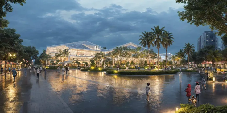 one moon,(rain:1.5),(night view:1.1),(city shopping mall),(colorful illumination:1.1),((realistic)),commercial activities,fancy,landscape park,(tropical garden:1.2),(landscape architecture),(riverside street),clean sky,((modern sculpture)),((tropical style)),lamb along the road,((Unique urban park)),((real people)),((masterpiece)), ((realistic)), starlight, brushwood, Cobbled path, The moon shines on the road, (Masterpiece), (High quality), Best Quality, Real, Super Detail, ((Full Detail)), (4k), 8k,Modern Style, extremely perfect light, ((Best quality)),view from outdoors,walking dog