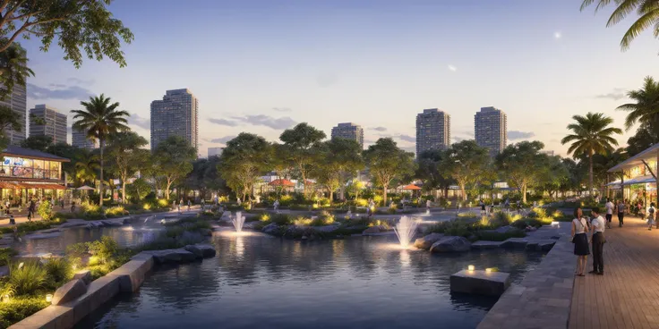 (sunset:1.1),night view,((city shopping mall)),(colorful lights:1.1),(dry fountain:1.3),water plaza,((realistic)),commercial activities,fancy,landscape park,(tropical garden:1.2),(landscape architecture),(riverside street),clean sky,modern sculpture,((tropical style)),lamb along the road,((Unique urban park)),((real people)),((masterpiece)), ((realistic)), starlight, brushwood, Cobbled path, The moon shines on the road, (Masterpiece), (High quality), Best Quality, Real, Super Detail, ((Full Detail)), (4k), 8k,Modern Style, extremely perfect light, ((Best quality)),view from outdoors,walking dog
