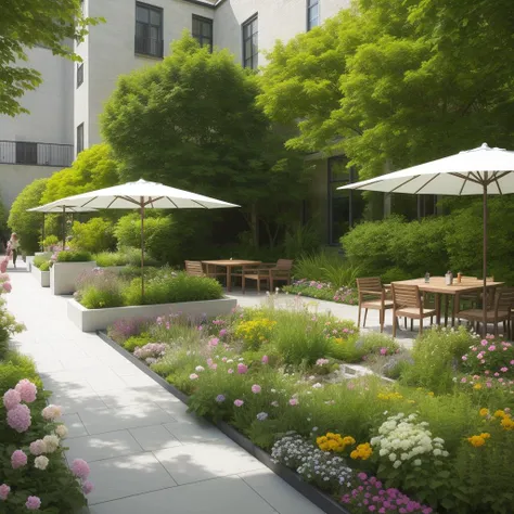 ((Best quality)),((masterpiece)),((realistic)),Modern garden landscape,Sun umbrella,cafe,Lush flowers surrounded the scene,