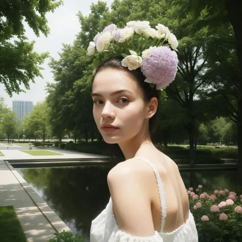 ((Best quality)),((masterpiece)),((realistic)),A sexy girl with many flowers on her head,In the background is a modern landscape park,Close-up of the upper body,White slip dress, <lora:FilmG2:0.75>