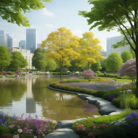 ((Best quality)),((masterpiece)),((realistic)),landscape design,park,tree,flower,