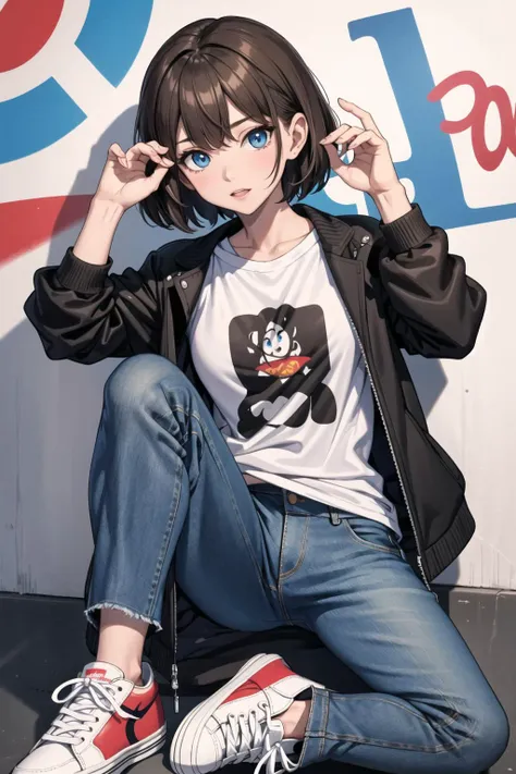 1girl,solo,brown hair, blue eyes, short hair, t-shirt, open jacket, jeans,sneakers, satnding, graffiti sprayed wall, confidence, night