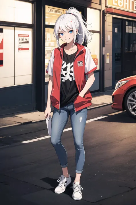 1girl, solo, white hair, blue eyes, short ponytail, t-shirt, open jacket, jeans, sneakers, standing, in parking lot, smug,night