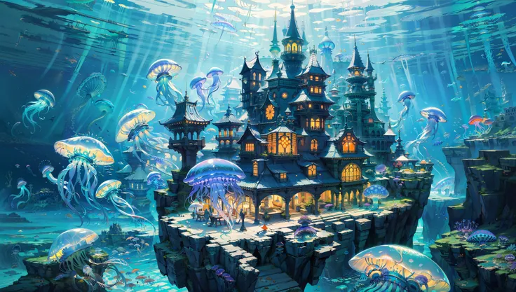 (masterpiece:1.2),best quality,fantasy,a giant city under the sea,architecture,blue spot,(many pure jellyfish:1.2),orange light,