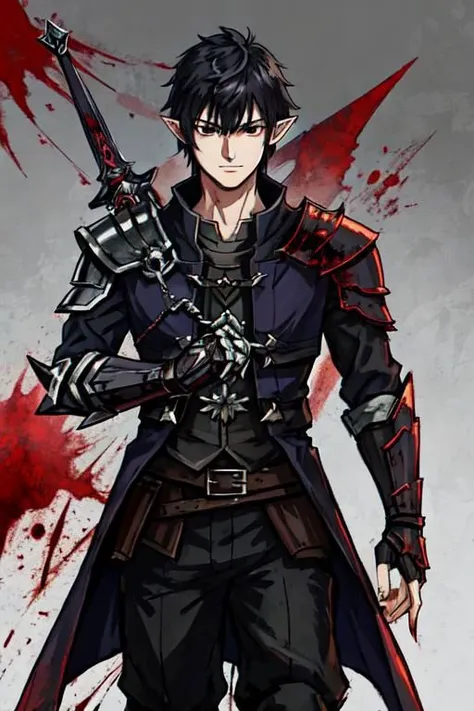 Swordsman, anime boy, half elf, armor, wallpaper, black hair short, roin, bloodmooon, cursed