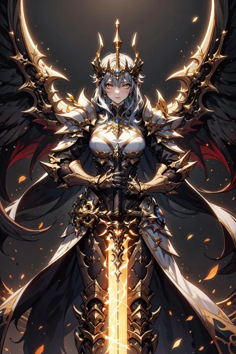 1girl, ethereal fantasy concept art, girl in black and gold armor, glod tiara, gold armor, holding gold sword, low wings, head wings, glowing sword, glowing runes, glowing eys, yellow eyes, cape, glory, lighting, black background, with a dynamic and magical background, masterpiece, best quality, magnificent, celestial, ethereal, painterly, epic, majestic, magical, fantasy art, cover art, dreamy, Multi-Layered Textures, HDR, High Dynamic Range, Maximum Clarity And Sharpness, Multi-Layered Textures, <lora:Fantasy_warriors_-_by_HailoKnight:0.8>