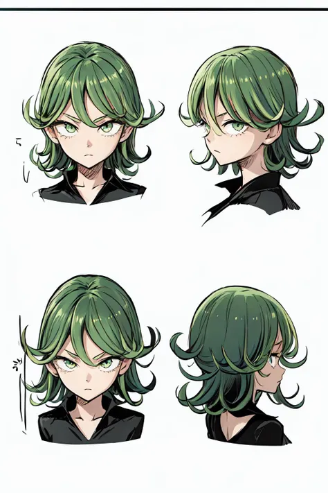1girl, standing, expressions, reference sheet, facing viewer, multiple views, disgusted iom, medium breast, green hair, green eyes, short hair, tatsumaki, black dress, long sleeves, tsundere, <lora:add_detail:0.5> <lora:Tatsumaki-10:0.7>