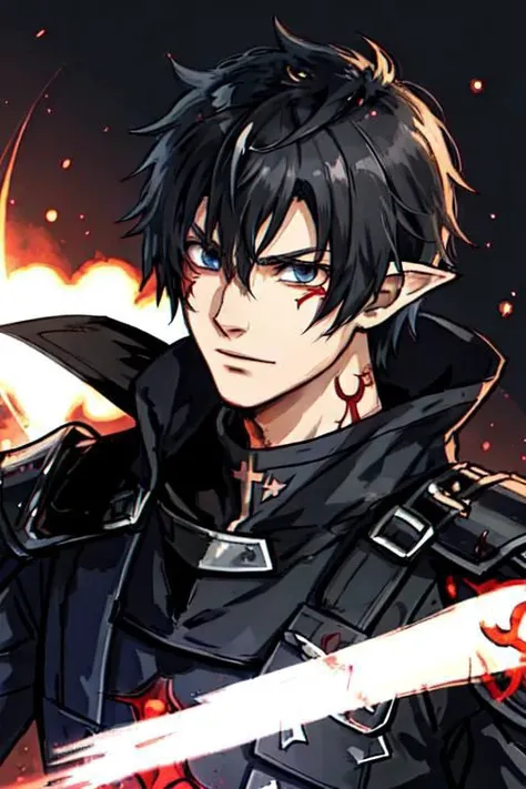 Swordsman, anime boy, half elf, armor, wallpaper, black hair short, roin, bloodmoon, necktattoo