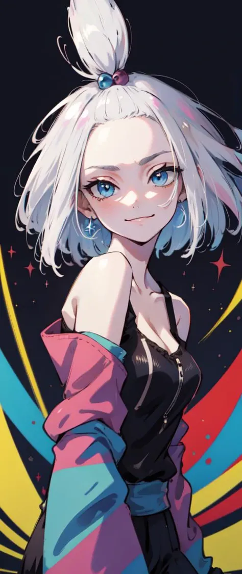 1 girl, ultra high res,visually stunning,beautiful,(abstract art:1.3), magic in the air, medium breasts, blushed, little smile, blue eyes,short hair, white hair, close up, 50mm, detailed eyes, look away, hair on the wind, boke, young woman, Roxie_pokemon,
off the shoulder tops, (teeth:0.5), masterpiece, colorful, detailed hair, stars on the background,masterpiece, best quality, solo,
cleavage, open mouth slightly, (white_tops:1.8),