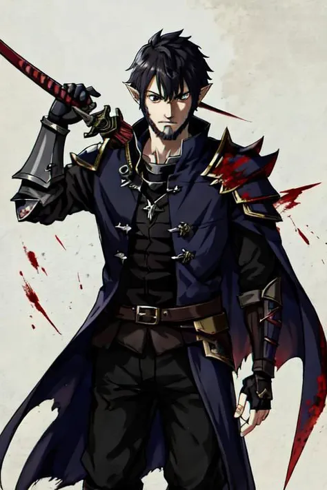 Swordsman, anime boy, half elf, armor, wallpaper, black hair short, roin, bloodmooon, cursed, beard