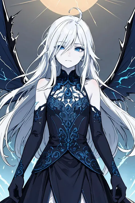 masterpiece, (((best quality))), ((ultra-detailed)), (illustration), (detailed light),((an extremely delicate and beautiful)),(beautiful detailed eyes), (lightning), delicate details, cinematic lighting, glossy skin, solo, white hair, very long hair, ahoge, li, petite, blue eyes, full body, from front, best quality, ultra-detailed, intricate wings, dynamic angle, sun behind head, intricate dress, huge wings, gloves, emotionless, flat chest, pale skin, straight hair, half-closed eyes, cold attitude, black and blue outfit, dark blue glowing cracks, cracked skin, shattered skin, fractured skin, broken skin, pensketch_style