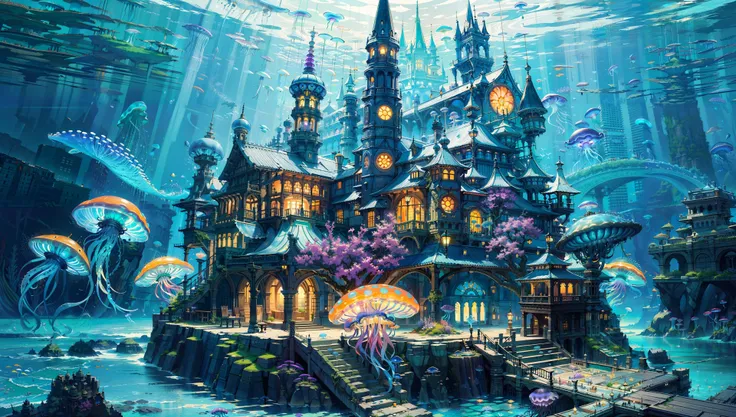 (masterpiece:1.2),best quality,fantasy,a giant city under the sea,architecture,blue spot,(many pure jellyfish:1.2),orange light,
