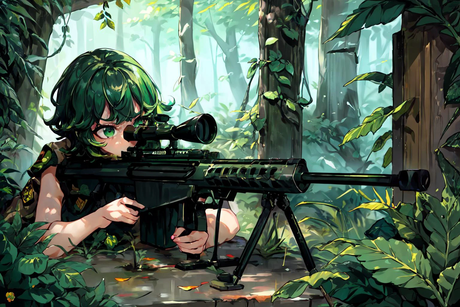 1girl, solo, tatsumaki, ((green hair)), ((short hair)), curly hair, green eyes, 50caliber, holding weapon, sniper rifle, jungle, camouflage, military uniform, raining, foliage, (firing), <lora:add_detail:0.5> <lora:50CaliberV2:1> <lora:tatsumaki:0.7>