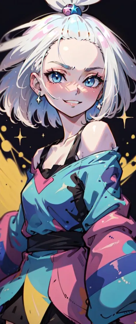 blushed, little smile,  blue eyes,short hair, white hair, close up, 50mm, detailed eyes,  look at viewer, hair on the wind, boke, young woman, Roxie_pokemon, 
off the shoulder tops, (teeth:0.5), masterpiece, colorful, detailed hair, stars on the background,masterpiece, best quality, solo,