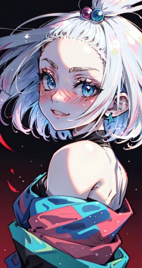 masterpiece, best quality, blue eyes,short hair, white hair, close up, 50mm, detailed eyes,  look at viewer, hair on the wind, (blushed:1.3), little smile, boke, young woman, Roxie_pokemon, 
off the shoulder tops, (teeth:0.5), masterpiece, colorful, detailed hair, stars on the background,