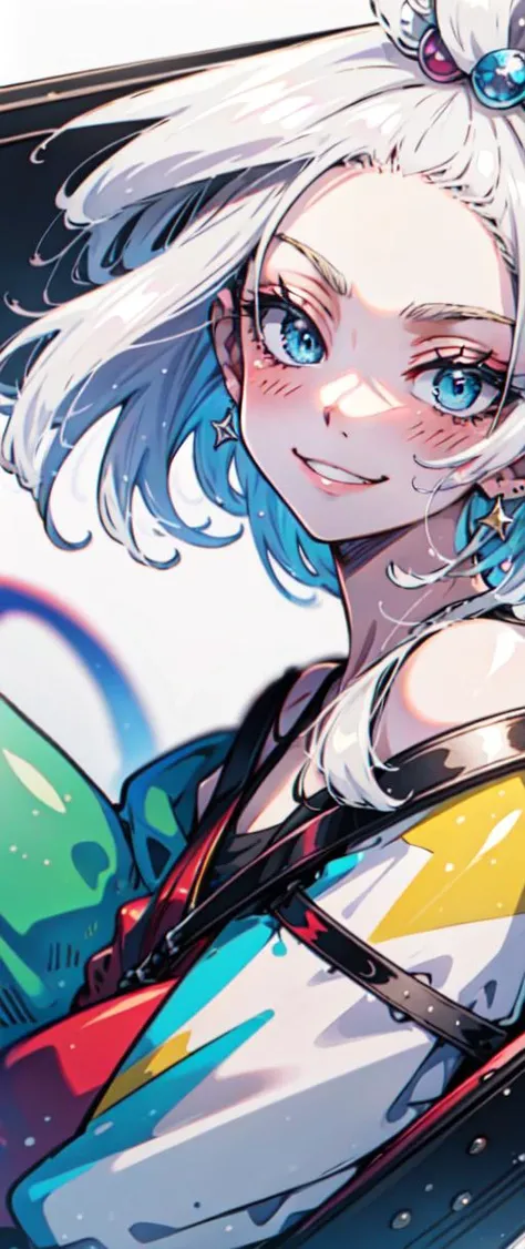 blushed, little smile, blue eyes,short hair, white hair, close up, 50mm, detailed eyes, look at viewer, hair on the wind, boke, young woman, Roxie_pokemon,
off the shoulder tops, (teeth:0.5), masterpiece, colorful, detailed hair, stars on the background,masterpiece, best quality, solo,