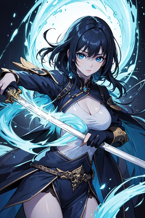 ((masterpiece, best quality)),a girl holding a sword, in the style of dark azure and light azure, mixes realistic and fantastical elements, vibrant manga, uhd image, glassy translucence, vibrant illustrationsã