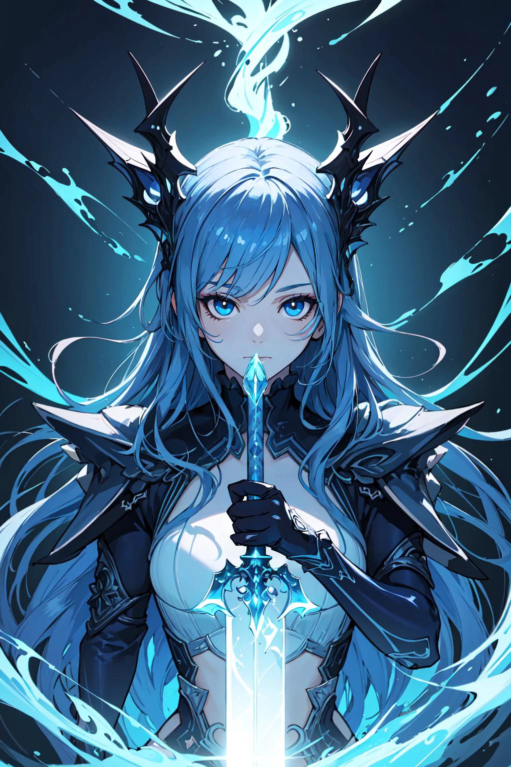 ((masterpiece, best quality)),a girl holding a sword, in the style of dark azure and light azure, mixes realistic and fantastical elements, vibrant manga, uhd image, glassy translucence, vibrant illustrationsã