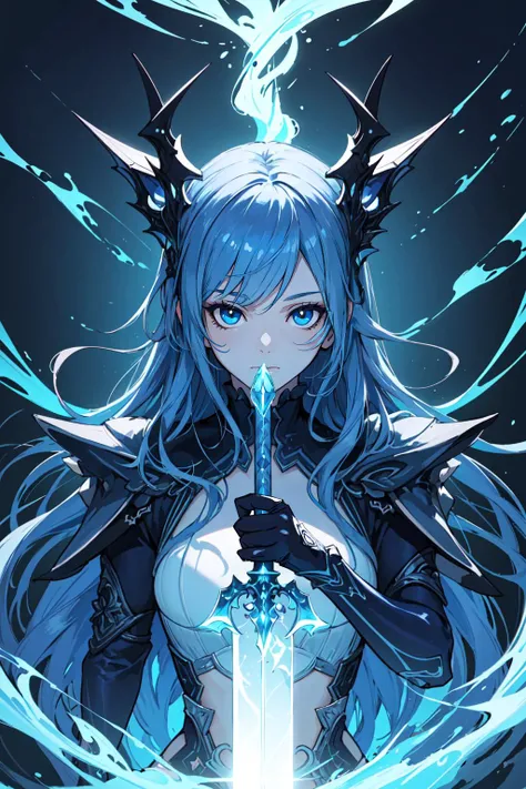 ((masterpiece, best quality)),a girl holding a sword, in the style of dark azure and light azure, mixes realistic and fantastical elements, vibrant manga, uhd image, glassy translucence, vibrant illustrationsã